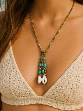 NWT Boho Turquoise & Shell Cluster Necklace Antique Gold Tone Chain Coins Beachy